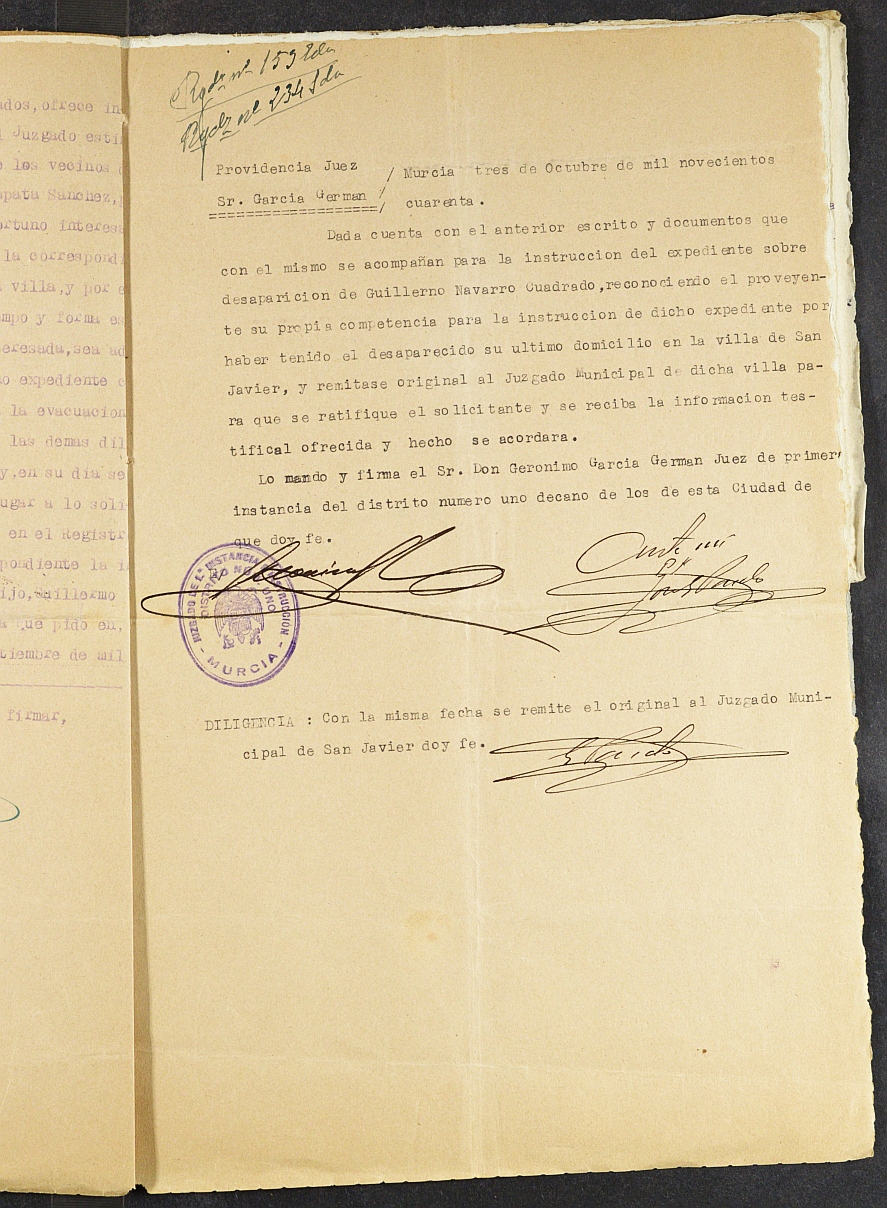 Expediente nº 80/1940 del Juzgado de Primera Instancia de Murcia para la inscripción en el Registro Civil por la desaparición en el frente de Guillermo Navarro Cuadrado.